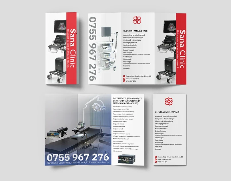 Design de pliant trifold Sana Clinic: copertă și panouri interioare